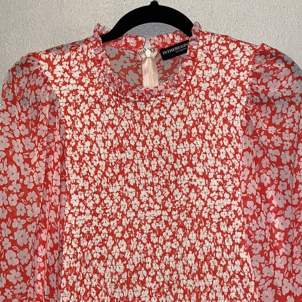 Inthebeginning Coral White Floral Smocked Ruffle Cottagecore Prairie Dress 4784 - Picture 2 of 9